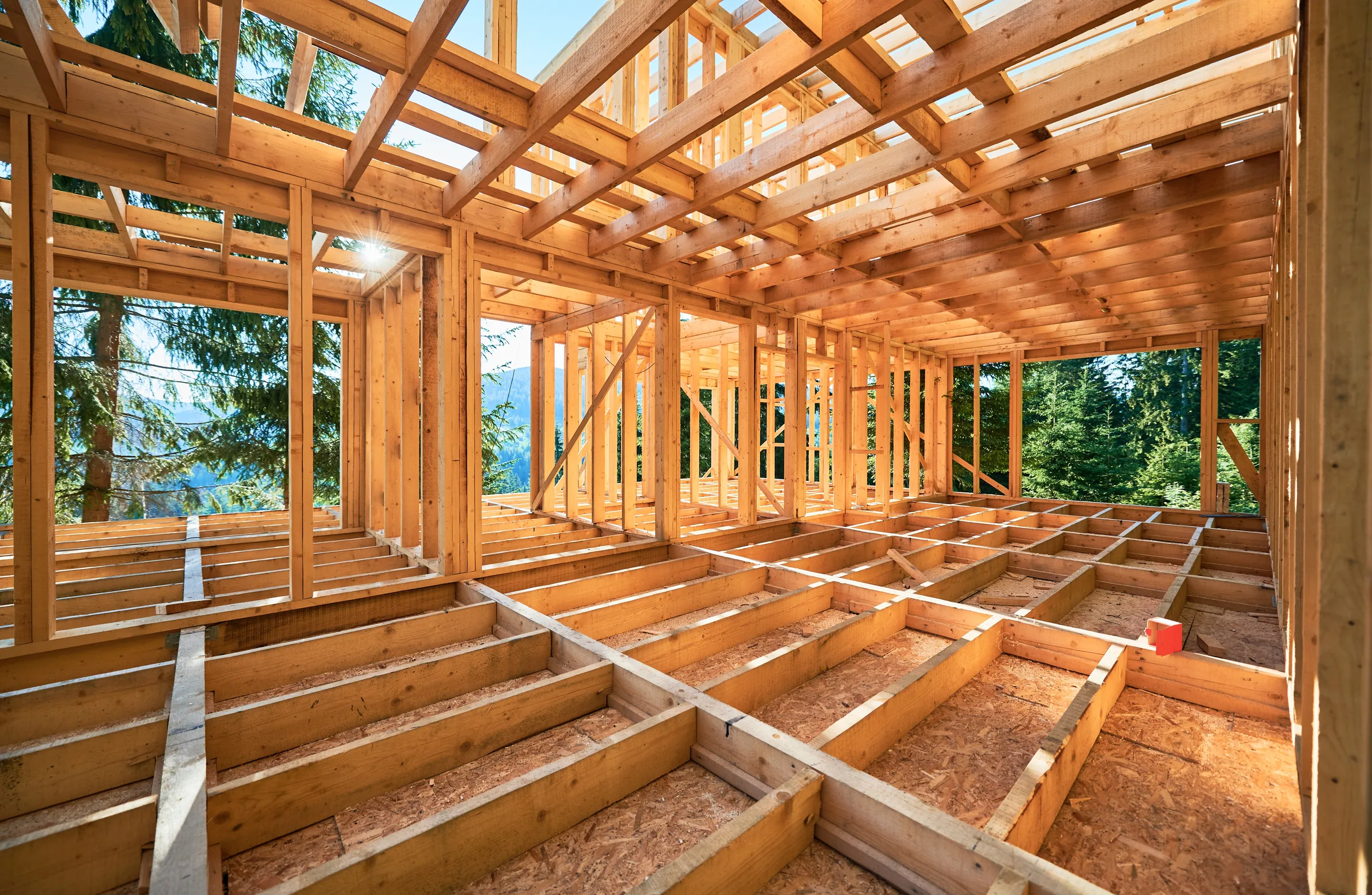 Timber framing and forested ridges of the kind that surround our Johnson City office