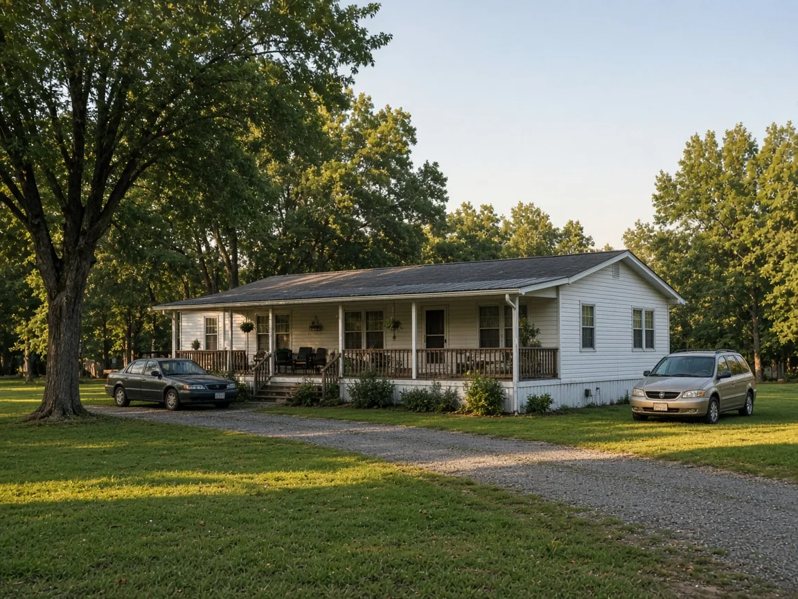 A sited manufactured home with a porch on a few rural acres