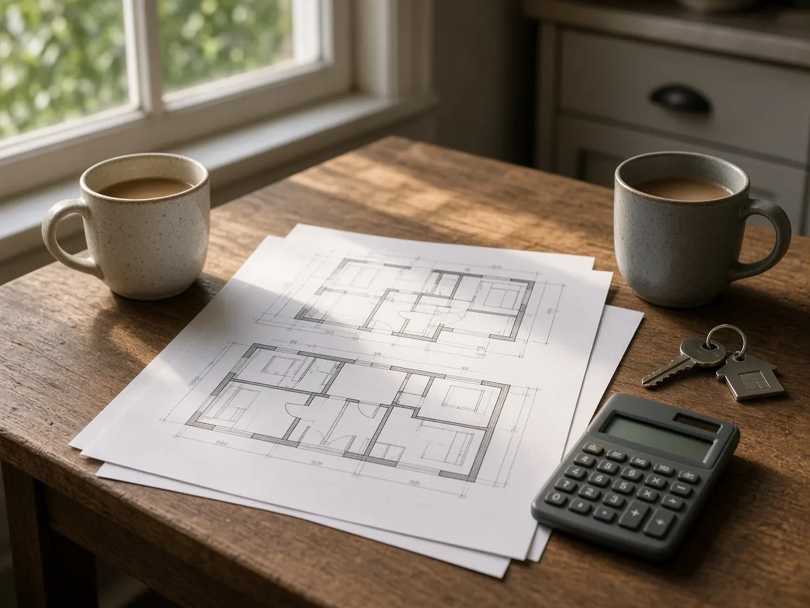House plans, keys, and coffee on a kitchen table