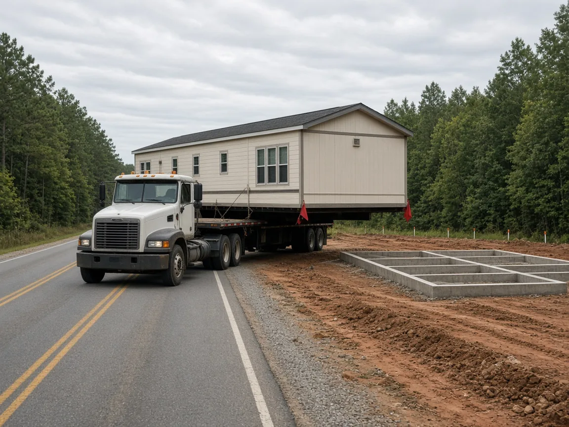A manufactured-home section arriving on a rural road toward a cleared pad