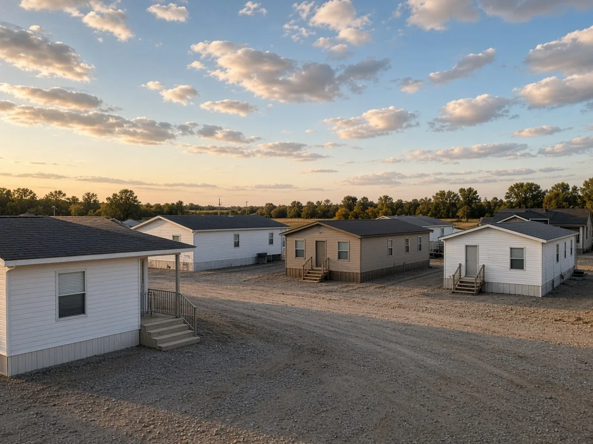Manufactured homes on a rural Southeast dealer lot in late afternoon light
