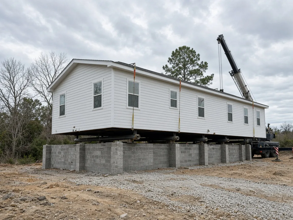 A manufactured home being set onto a permanent foundation on a rural pad