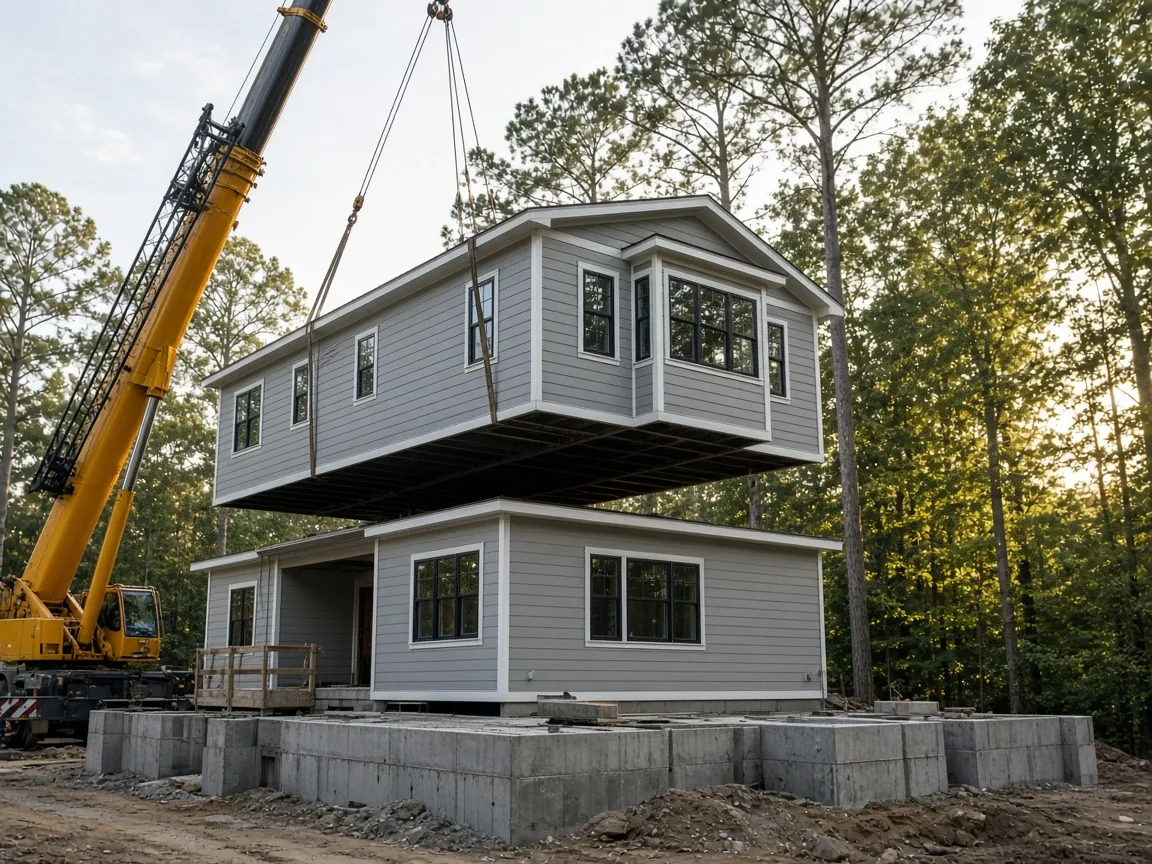 Modular home sections being stacked on a foundation in a wooded lot