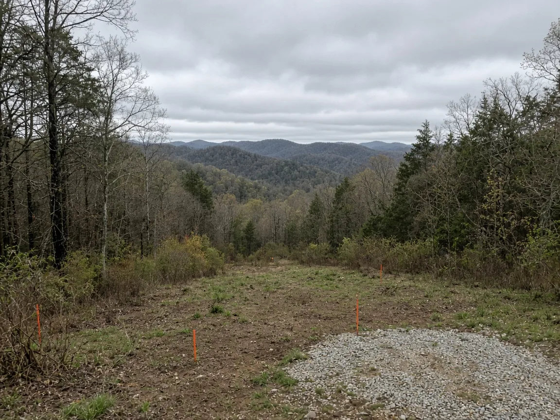 Empty wooded lot with survey stakes and a short gravel driveway
