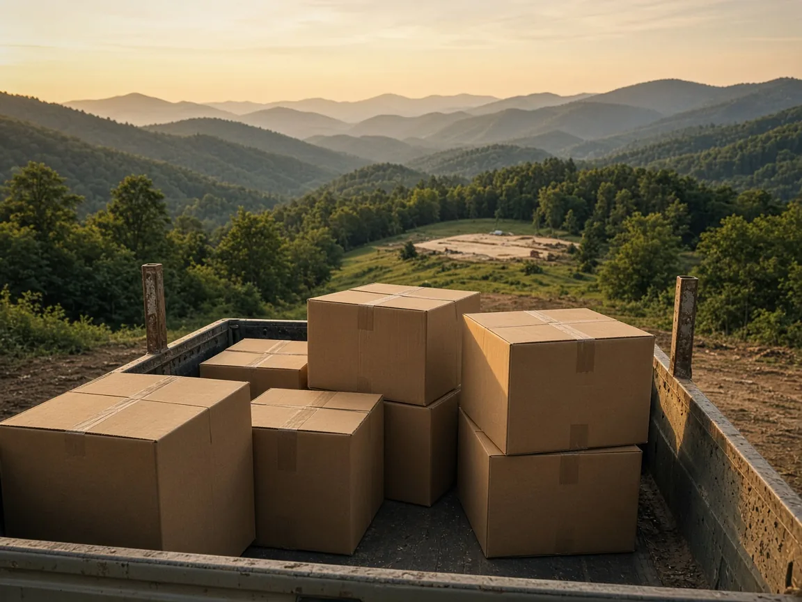 Packed moving boxes in a pickup truck looking toward a distant house site