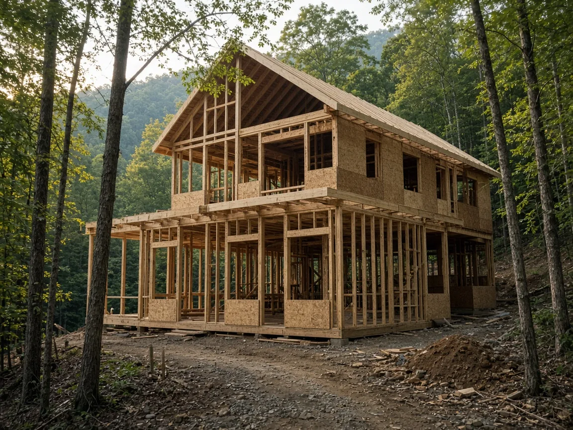 A stick-built home at the framing stage in East Tennessee woods