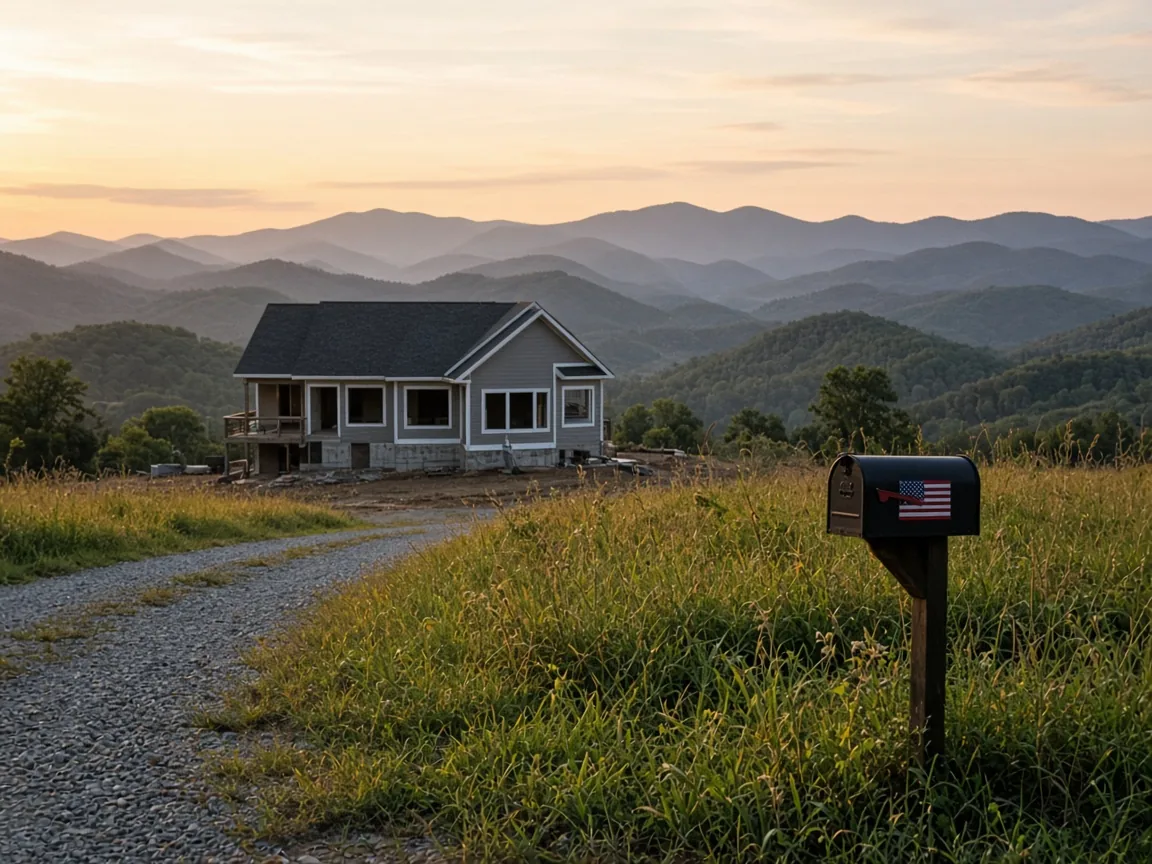 Rural East Tennessee lot with a modest new home under construction and a mailbox flag
